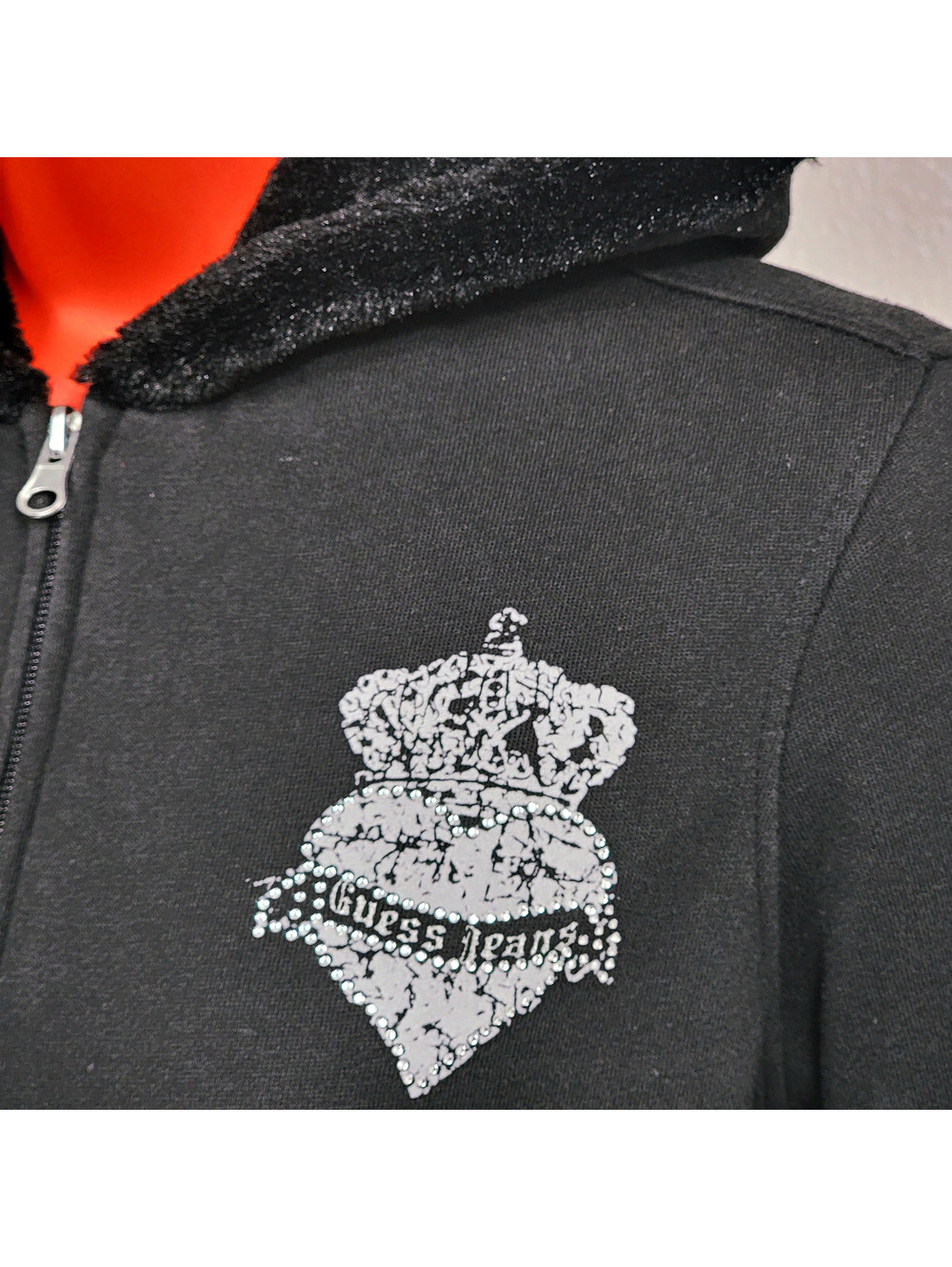 Vintage Y2K GUESS Black Faux Fur Hoodie Rhinestone Bedazzled